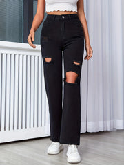 Ripped Knee Cut Jeans Button Slash Pockets Solid Denim Pants