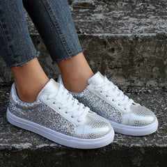Glitter Flat Sneakers Lace Up Low Top Shoes