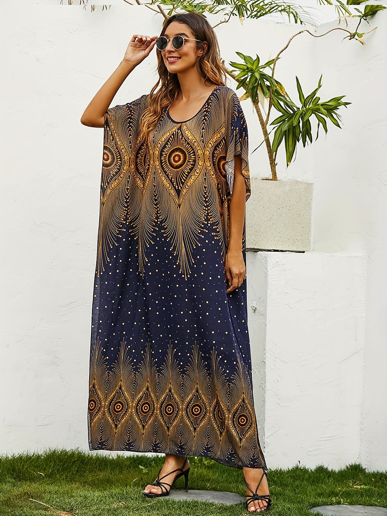 Boho Kaftan Dress Women's Plus Tribal Print Bat Sleeve