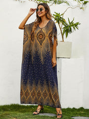 Boho Kaftan Dress Women's Plus Tribal Print Bat Sleeve