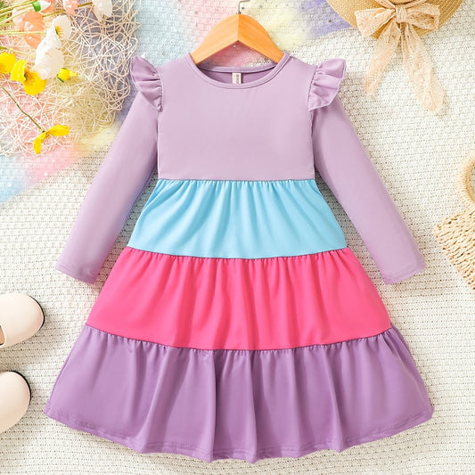 Girls Rainbow Tiered Long Sleeve Casual Swing Dress