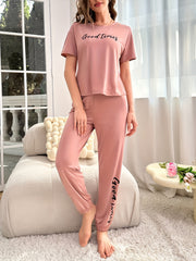 Letter Print Pajamas Set Short Sleeve Crew Neck Top & Pants