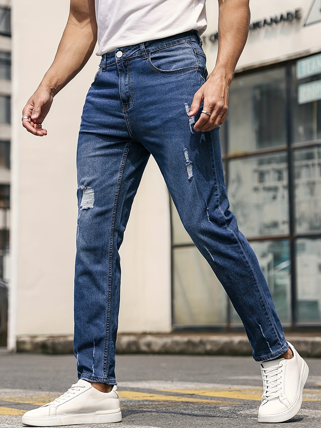 Slim Fit Cat Catch Jeans Men's Casual Street Style Distressed Stretch Denim Pant