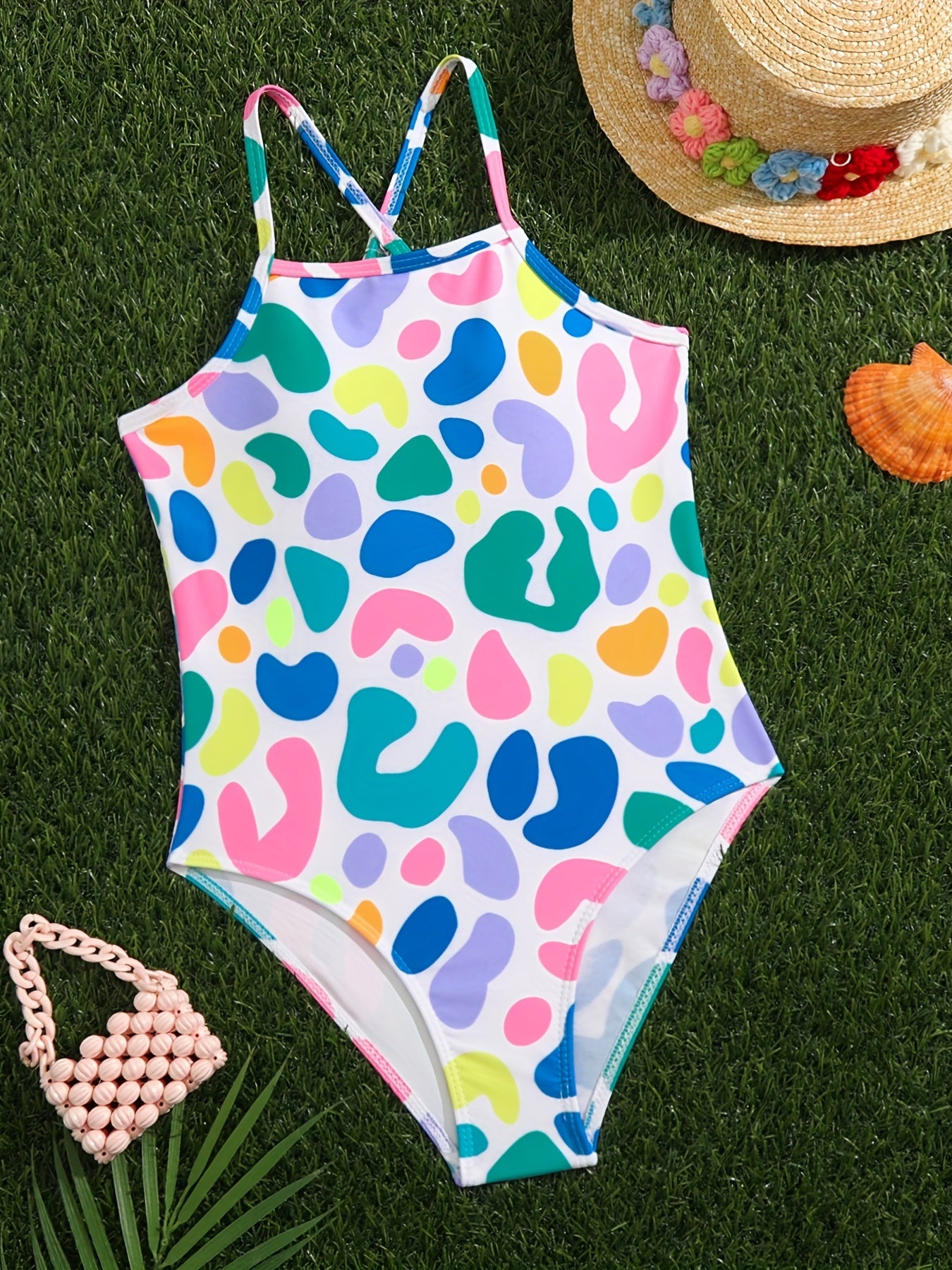 Girls Graffiti Swimwear Suspenders Beach Swimsuit