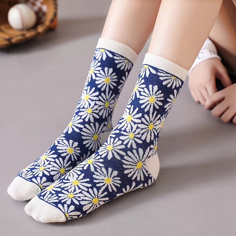 Floral Daisy Print Crew Socks Women's Stockings