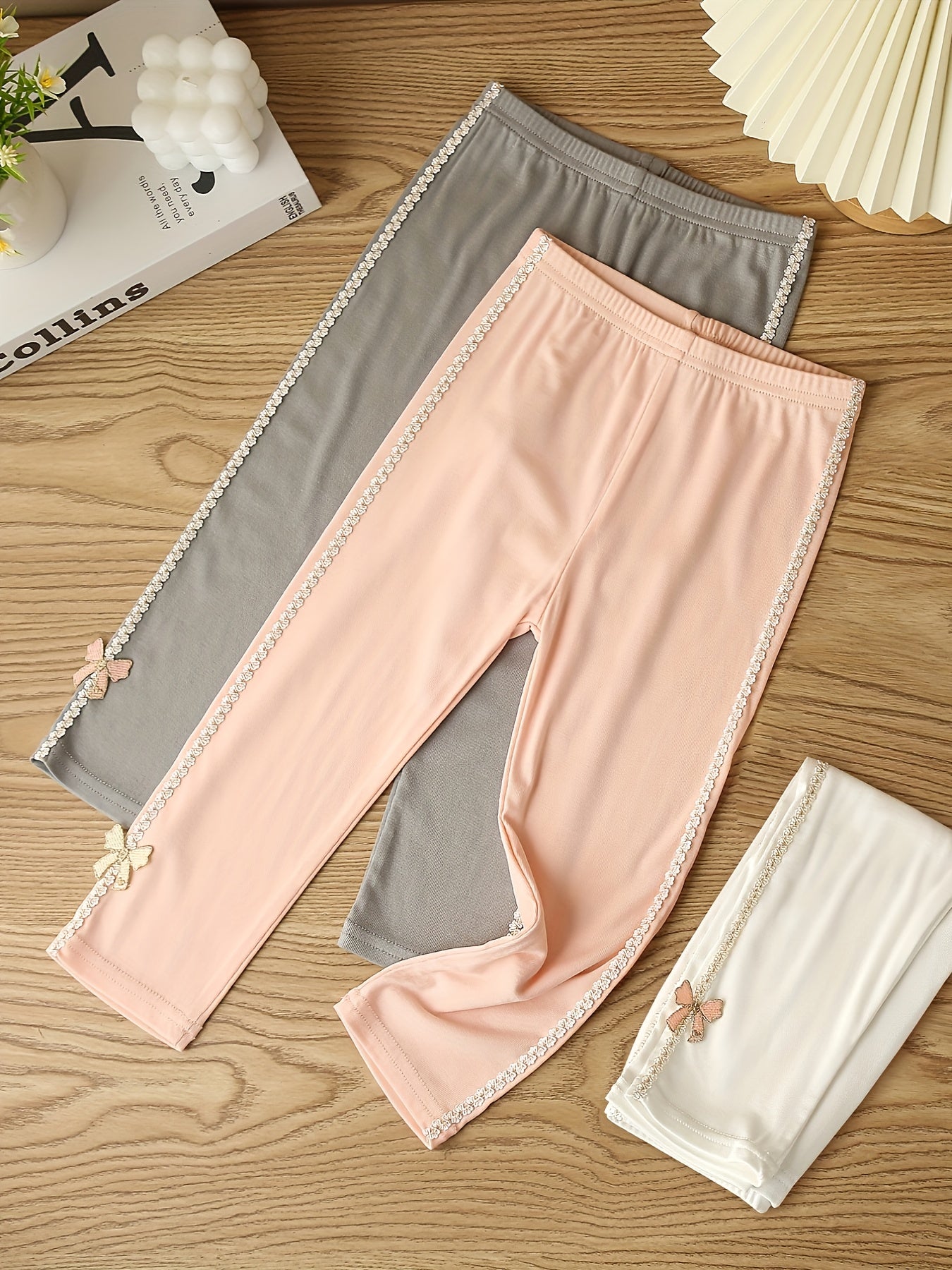 3pcs Girls Lace Side Taping Cropped Pants Leggings Kids Clothes