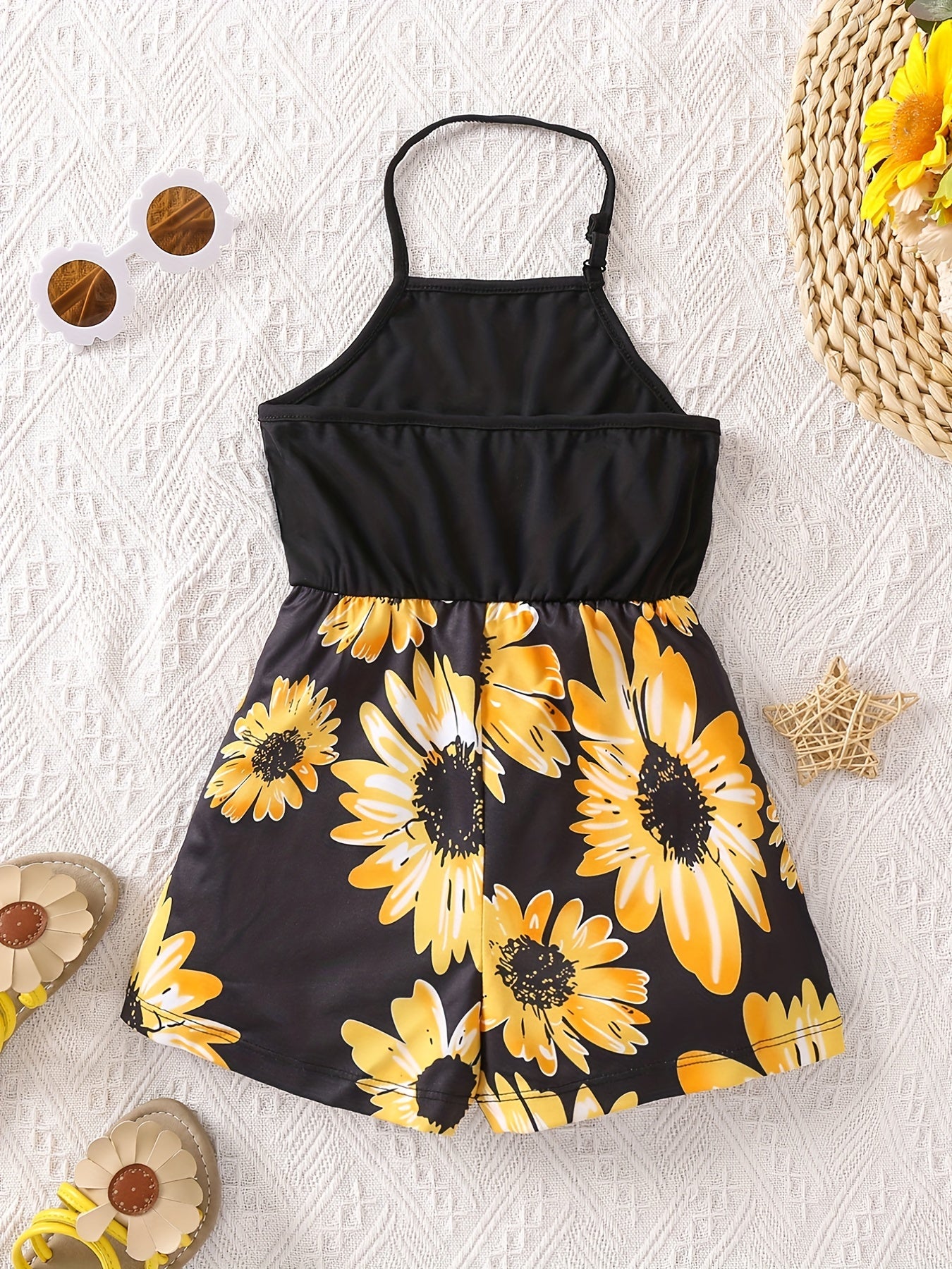 Toddler Girls Sunflower Backless Halter Rompers Jumpsuits For Beach Vacation
