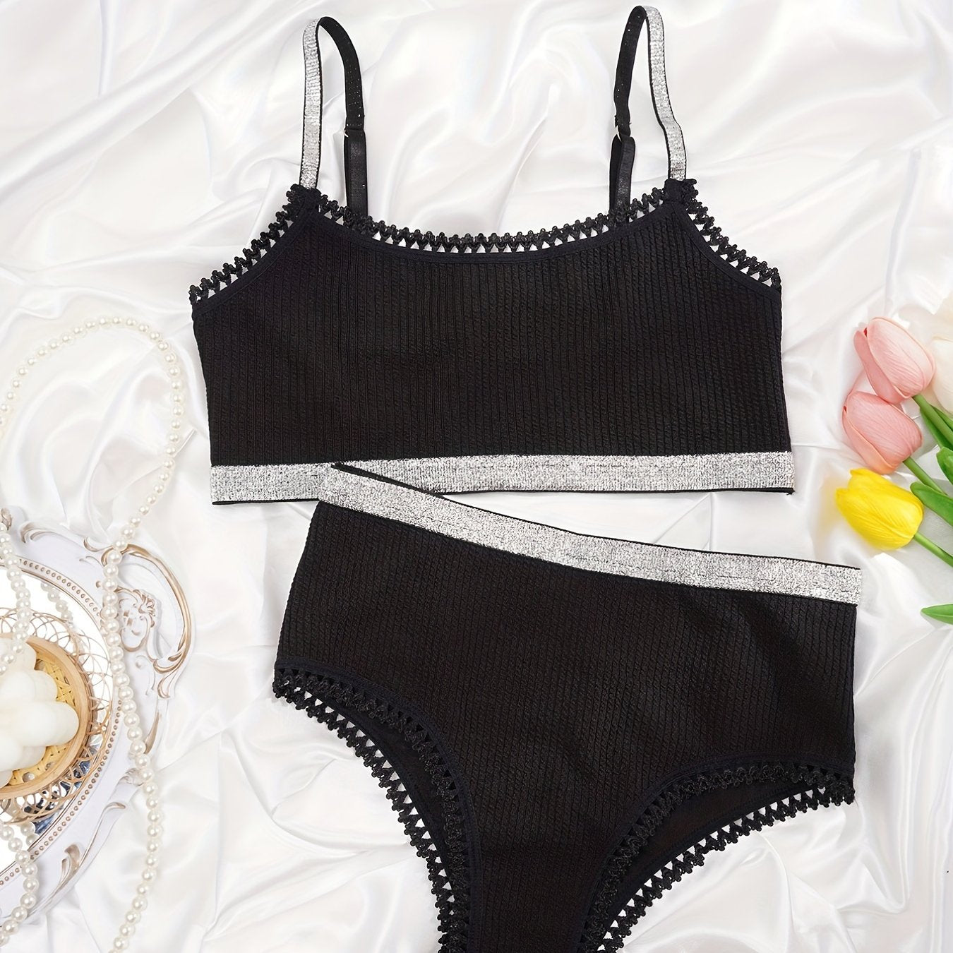 Lace Trim Bra & Panties Lingerie Set