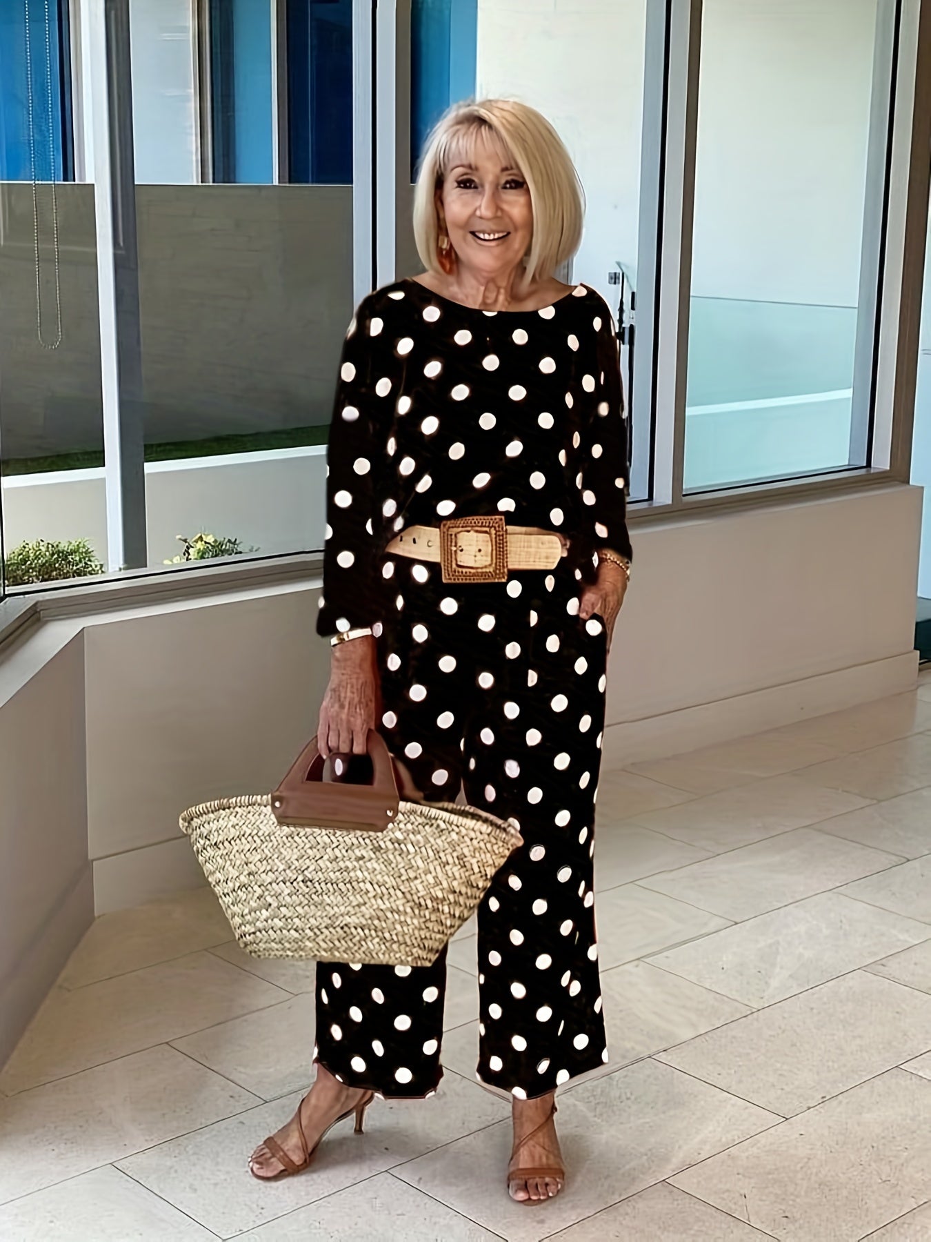 Polka Dot Print Two piece Set Long Sleeve Tops & Wide Leg Pants