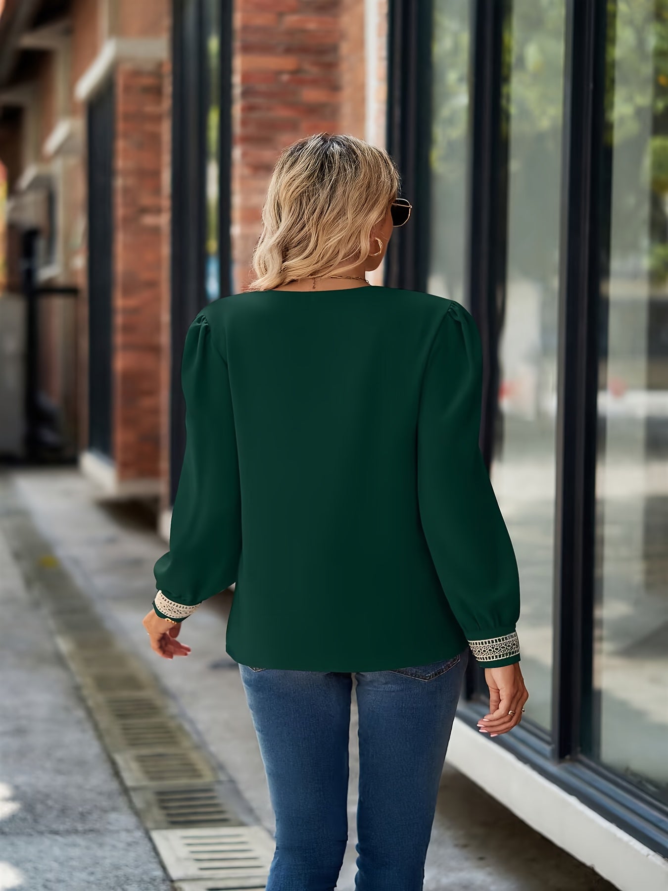 Solid Applique Long Puff Sleeve V Neck Top