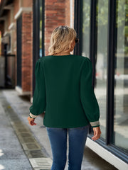 Solid Applique Long Puff Sleeve V Neck Top