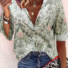 Casual Top Women's Plus Floral Print Button Up Long Sleeve Blouse