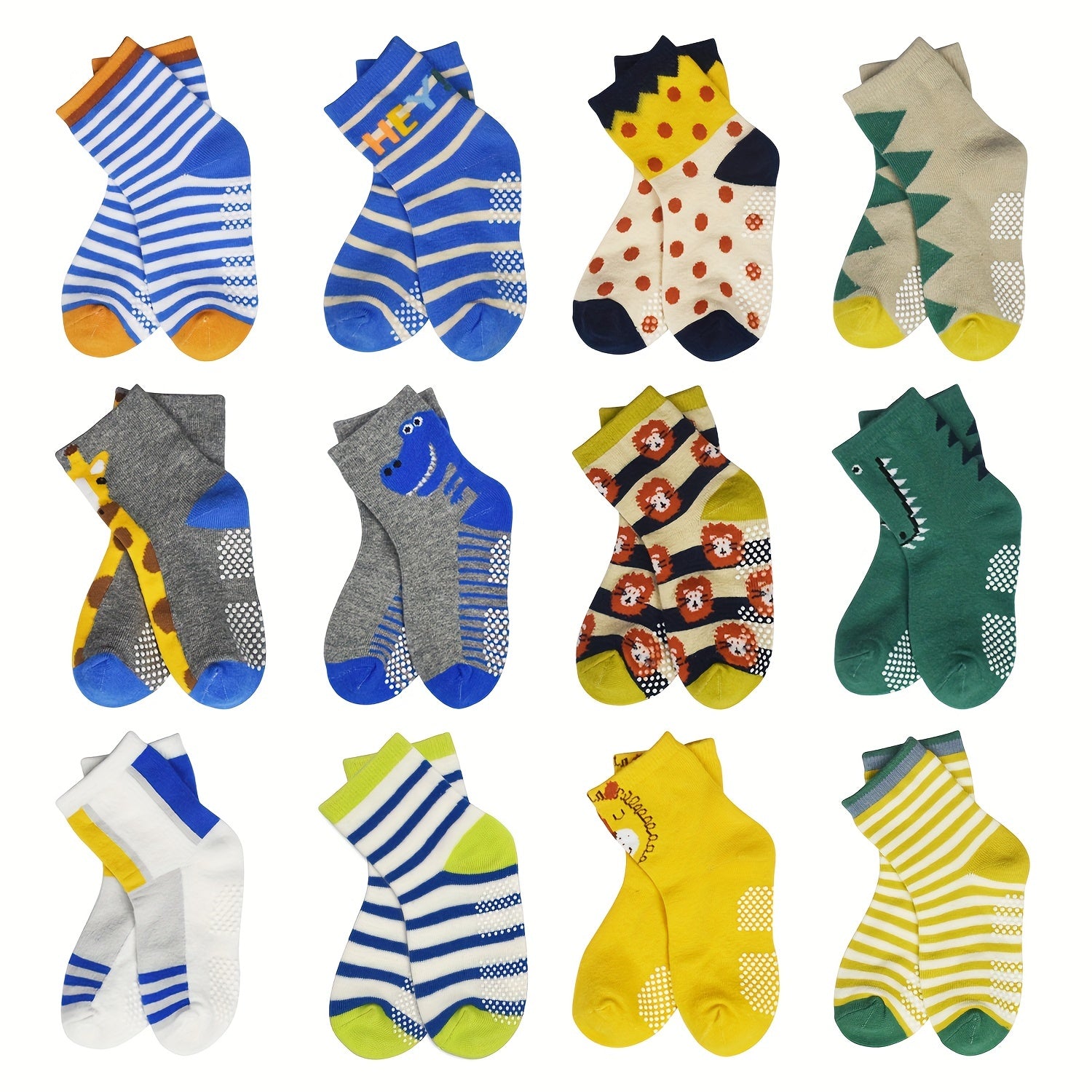 12 Pairs Boys Animal Stripe Anti-slip Floor Socks for Kids