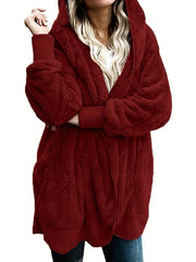 Solid Hooded Fuzzy Coat Long Sleeve Open Front Coat