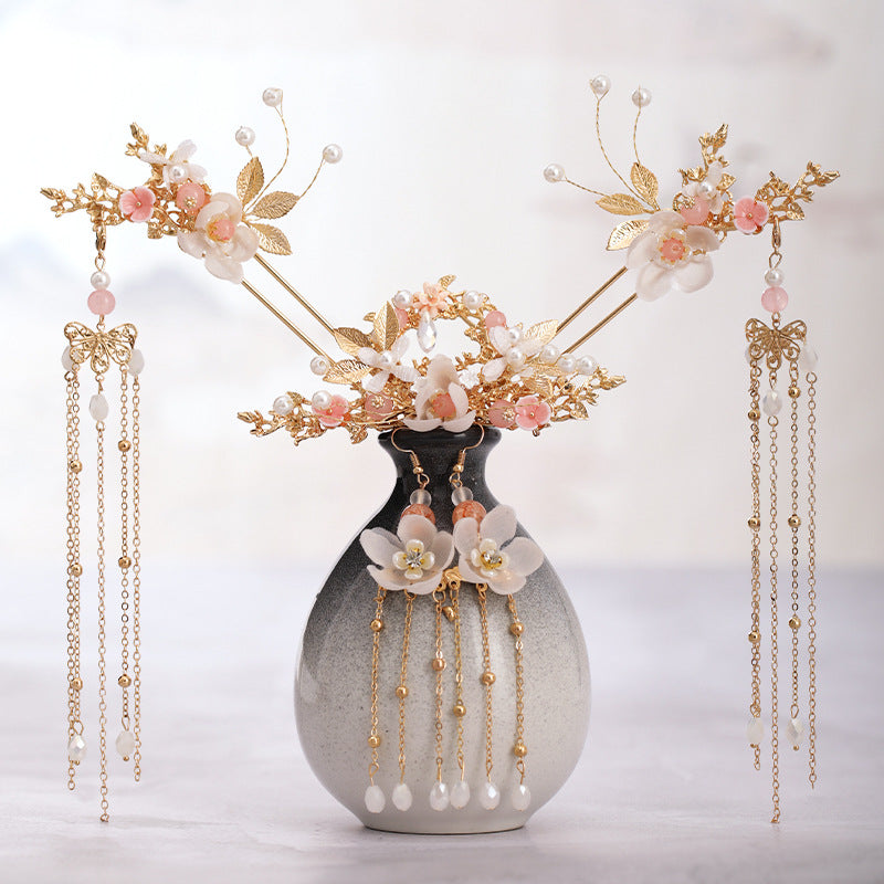Chinese Pearl Hairpin Earring Tiara Set Women Hair Accessory