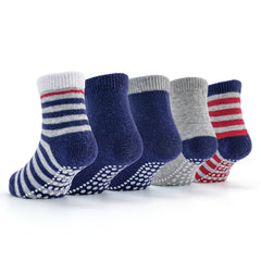 5pairs Baby Non Slip Toddler Socks Cotton Striped Crew Socks For Boys And Girls