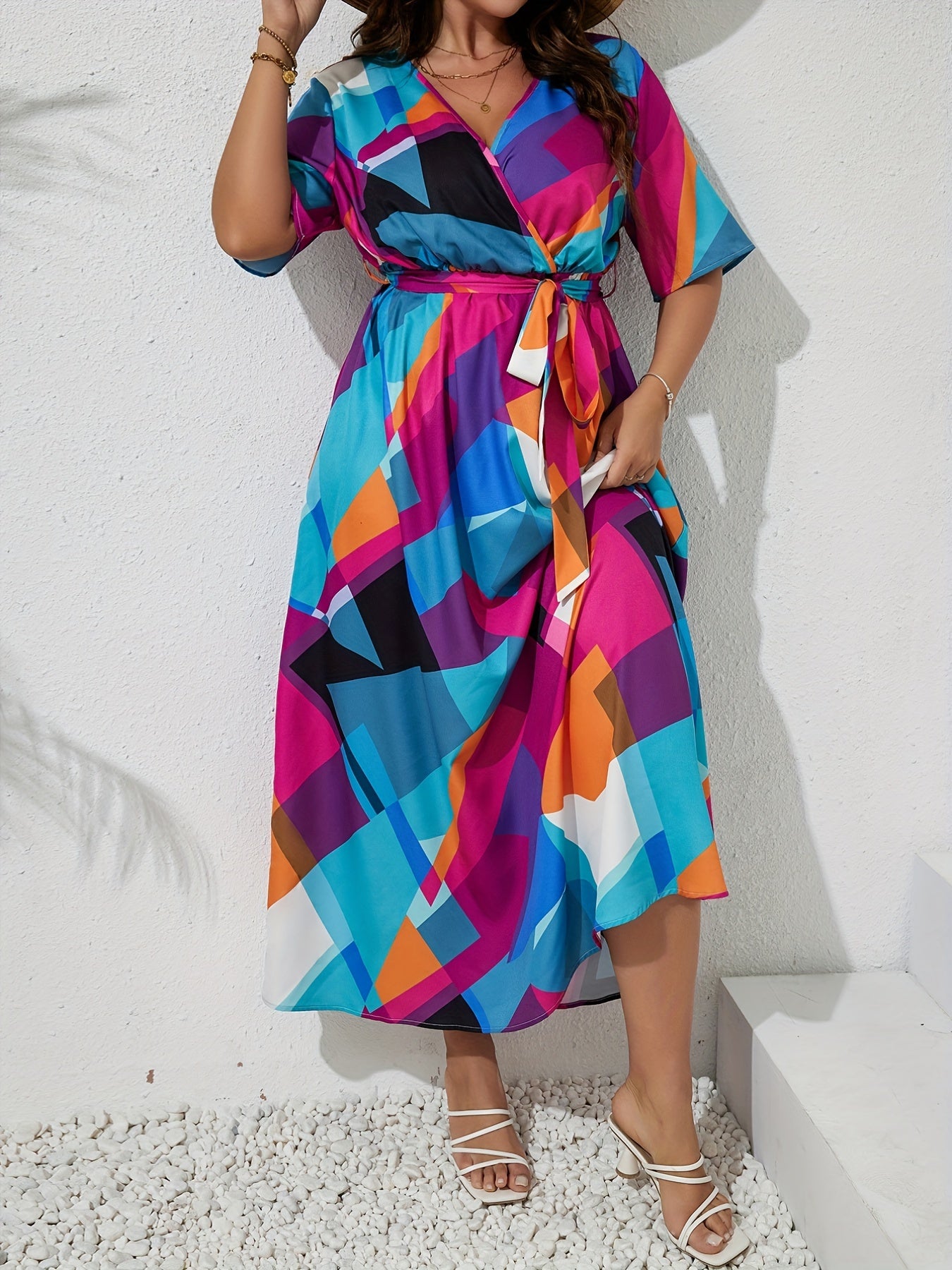 Casual Colorblock Geometric Print Maxi Dress With Belt