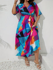 Casual Colorblock Geometric Print Maxi Dress With Belt