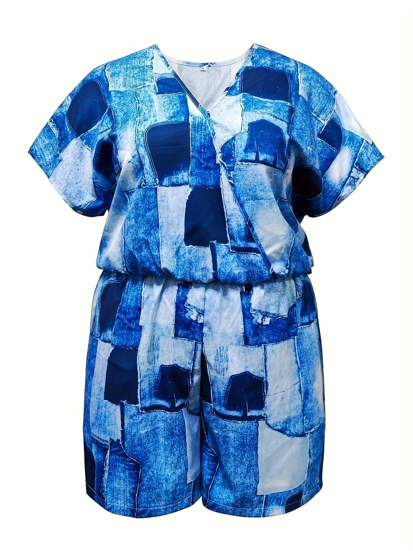 Denim Print Short Sleeve Surplice Neck Romper