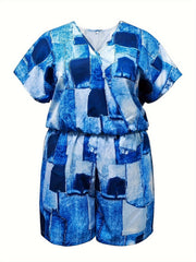 Denim Print Short Sleeve Surplice Neck Romper