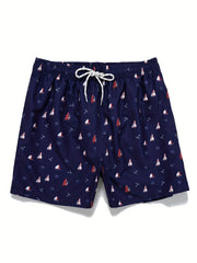 Sailboat Print Mesh Lining Drawstring Men s Swim Trunks