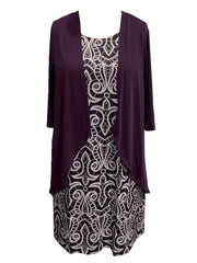 Plus Size Allover Print Tank Dress & Solid Open Front Coat Set