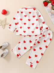 Girls' Cotton Heart Print Pajama Set V Neck Long Sleeve Shirt & Pants