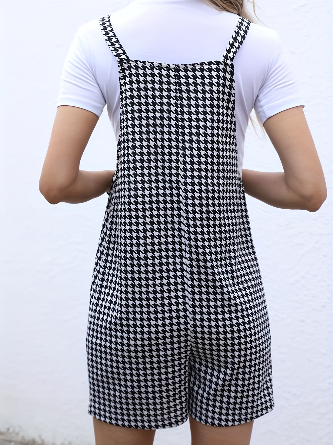 Houndstooth Print Dual Pockets Romper Jumpsuit