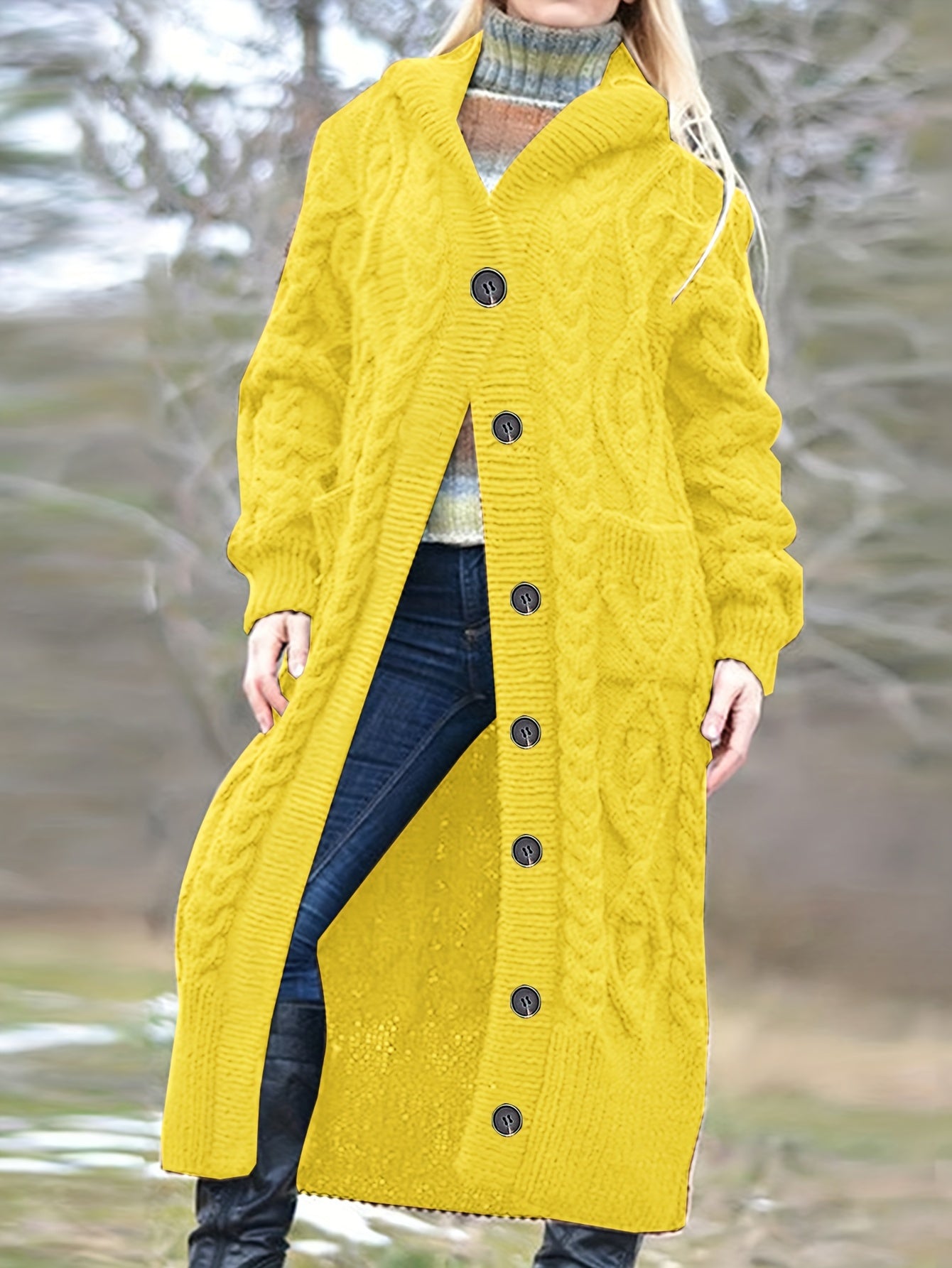 Solid Cable Button Up Long Sleeve Hooded Cardigan