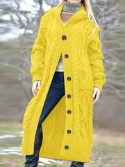 Solid Cable Button Up Long Sleeve Hooded Cardigan