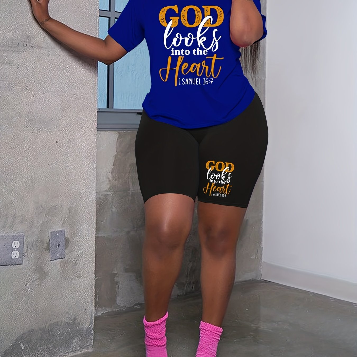 Slogan Print Tee & Shorts Outfits 2 Piece Set