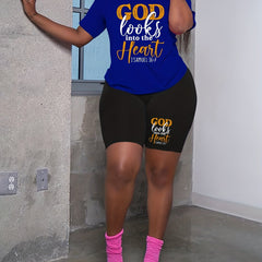 Slogan Print Tee & Shorts Outfits 2 Piece Set