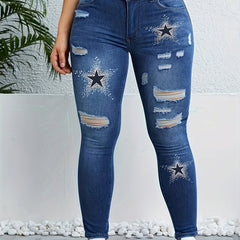 Star Print Ripped High Rise Skinny Jeans