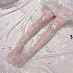 Bow Decor Thigh High Stockings Smooth Criss Cross Pattern Over The Knee Socks