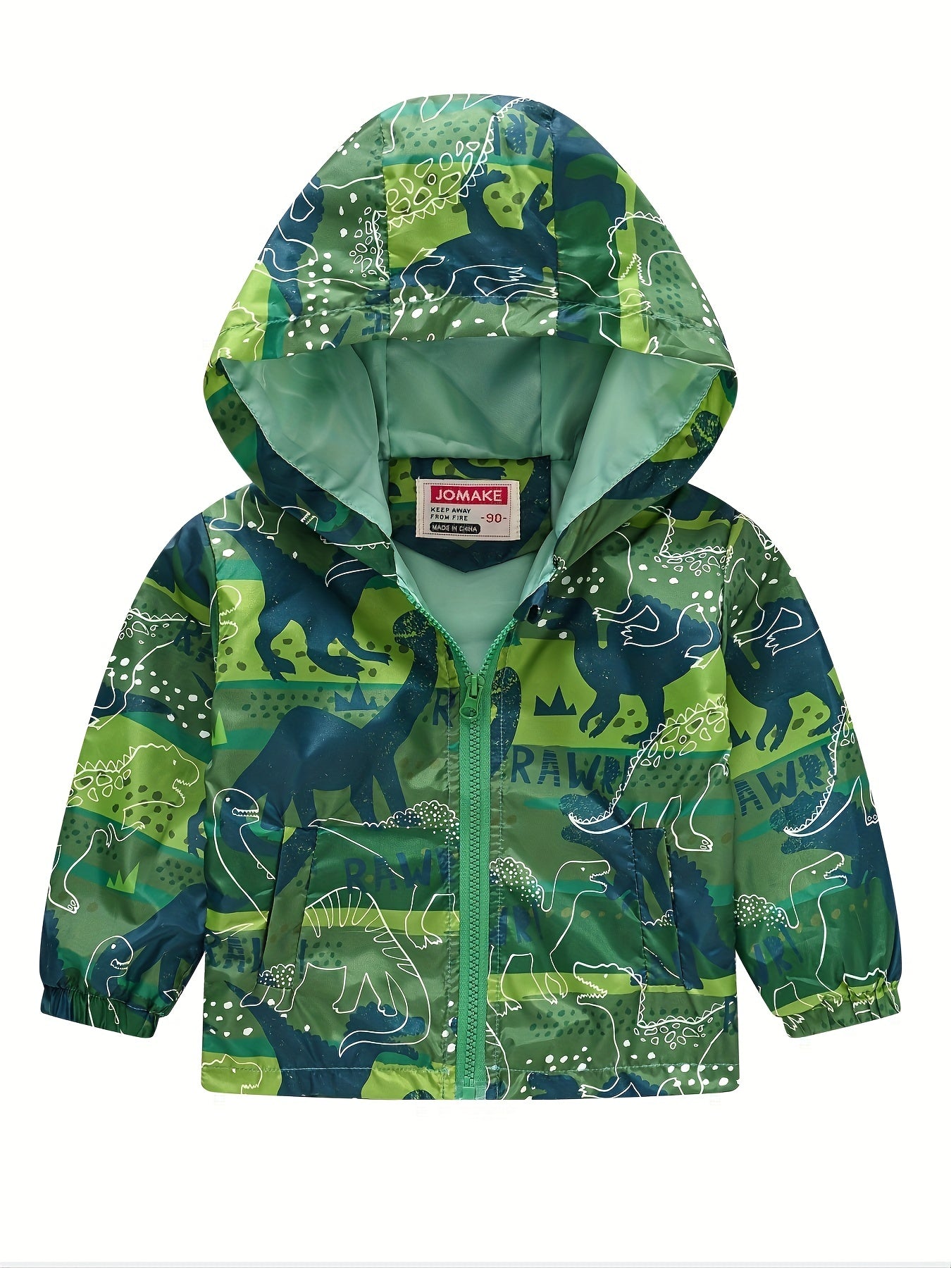 Kids Dino Print Zip Hoodie Cardigan Collar Jacket
