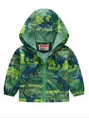 Kids Dino Print Zip Hoodie Cardigan Collar Jacket