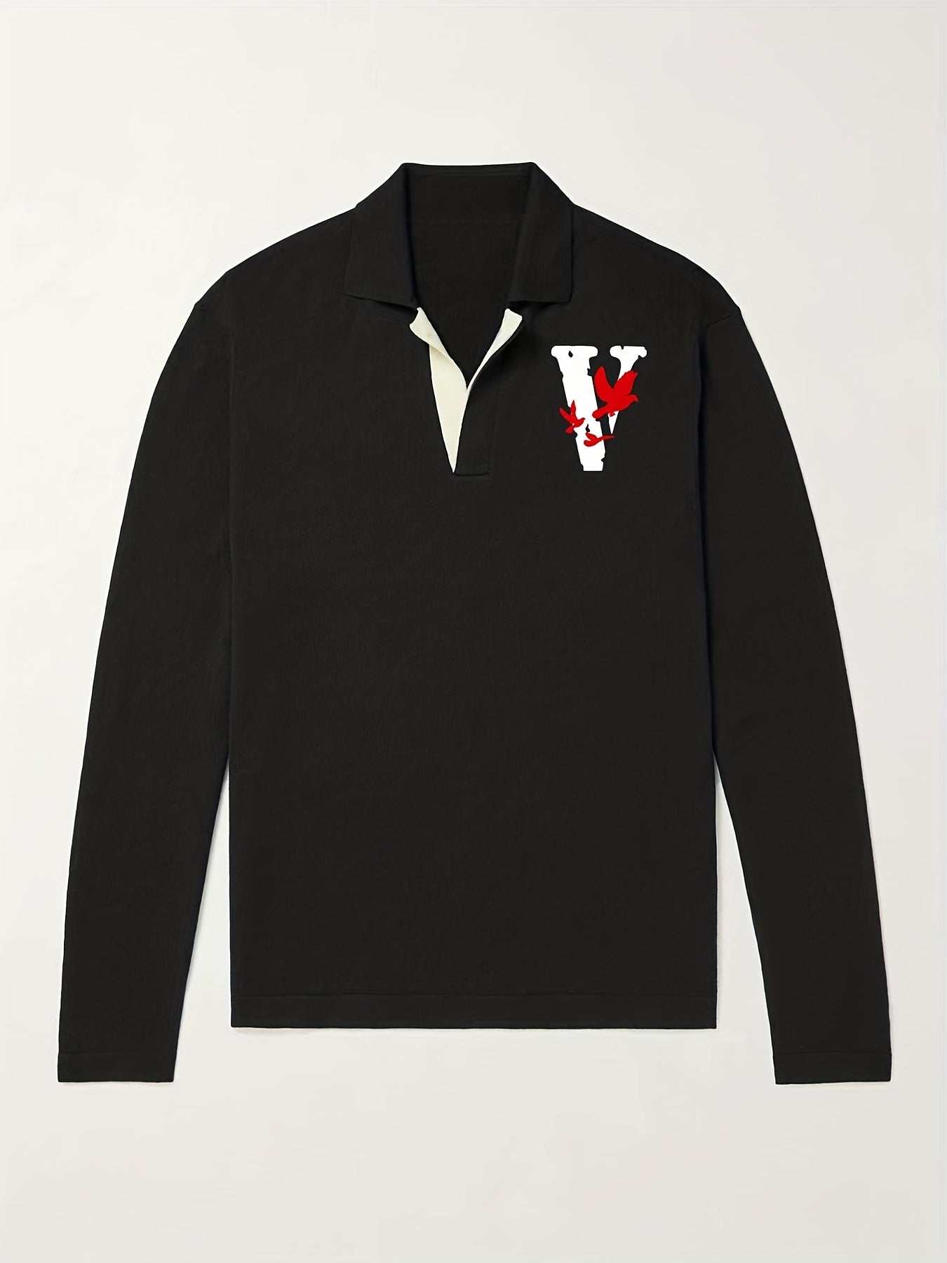 Men's Pigeon Pattern Knit Polo Shirt V Neck Pullover Sweater