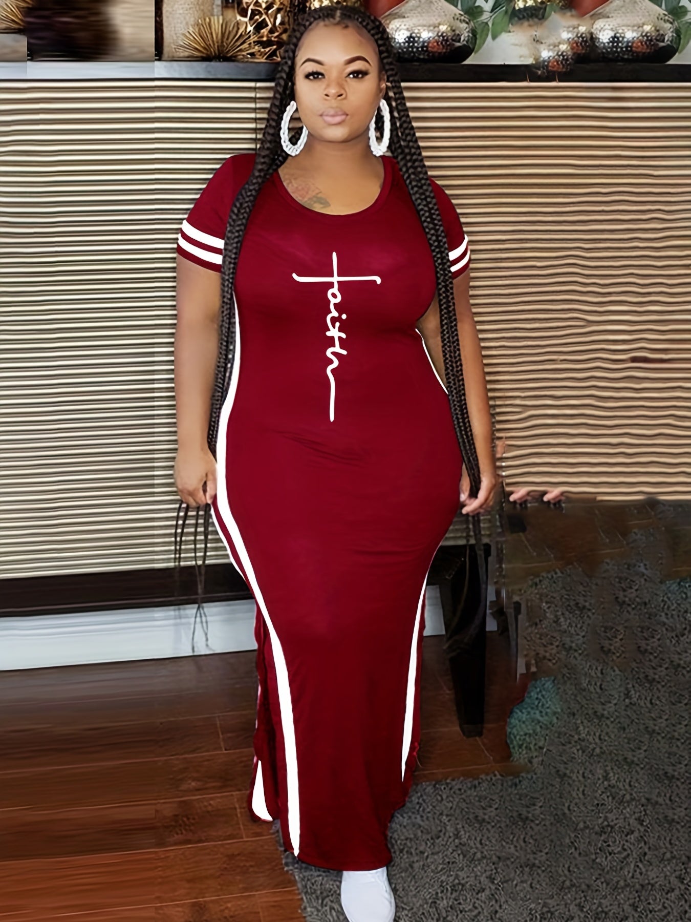 Women's Plus Art Letter & Stripe Print Dress