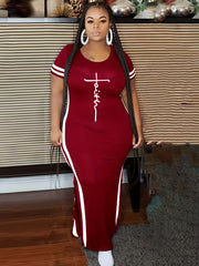 Women's Plus Art Letter & Stripe Print Dress