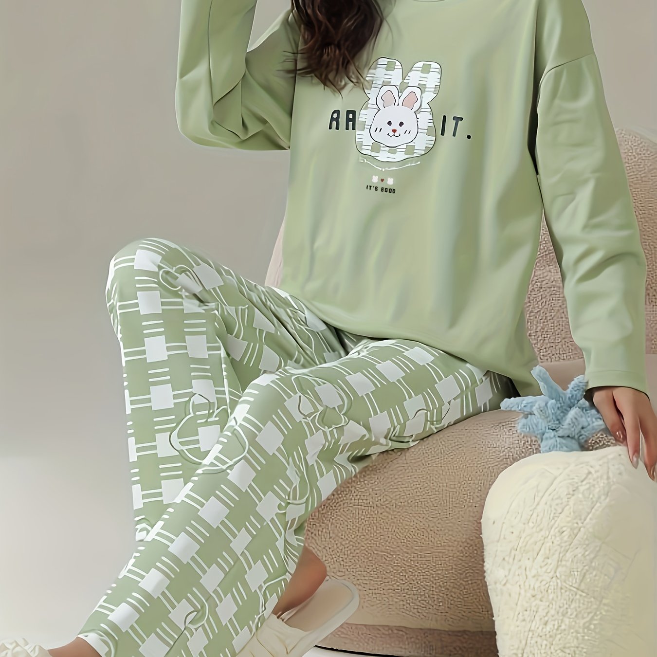 Bunny Print Pajama Set Long Sleeve Top & Plaid Pants