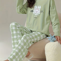 Bunny Print Pajama Set Long Sleeve Top & Plaid Pants