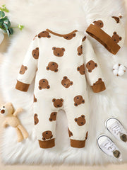 2pcs Baby Boys Set Bear Allover Print Bodysuit Hat