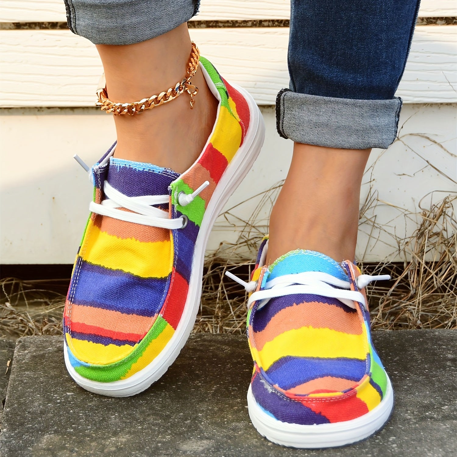 Striped Print Canvas Shoes Colorblock Lace Up Round Toe Casual Shoes