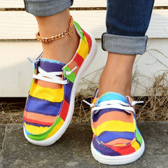 Striped Print Canvas Shoes Colorblock Lace Up Round Toe Casual Shoes