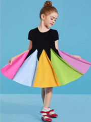 Girls Rainbow Block Short Sleeves Round Neck Cotton Casual Princess Dress