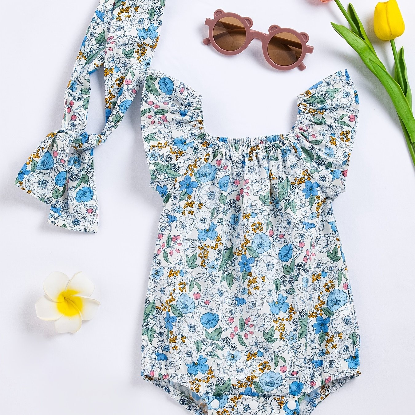 Baby Girls Square Neck Onesies with Floral Print Romper