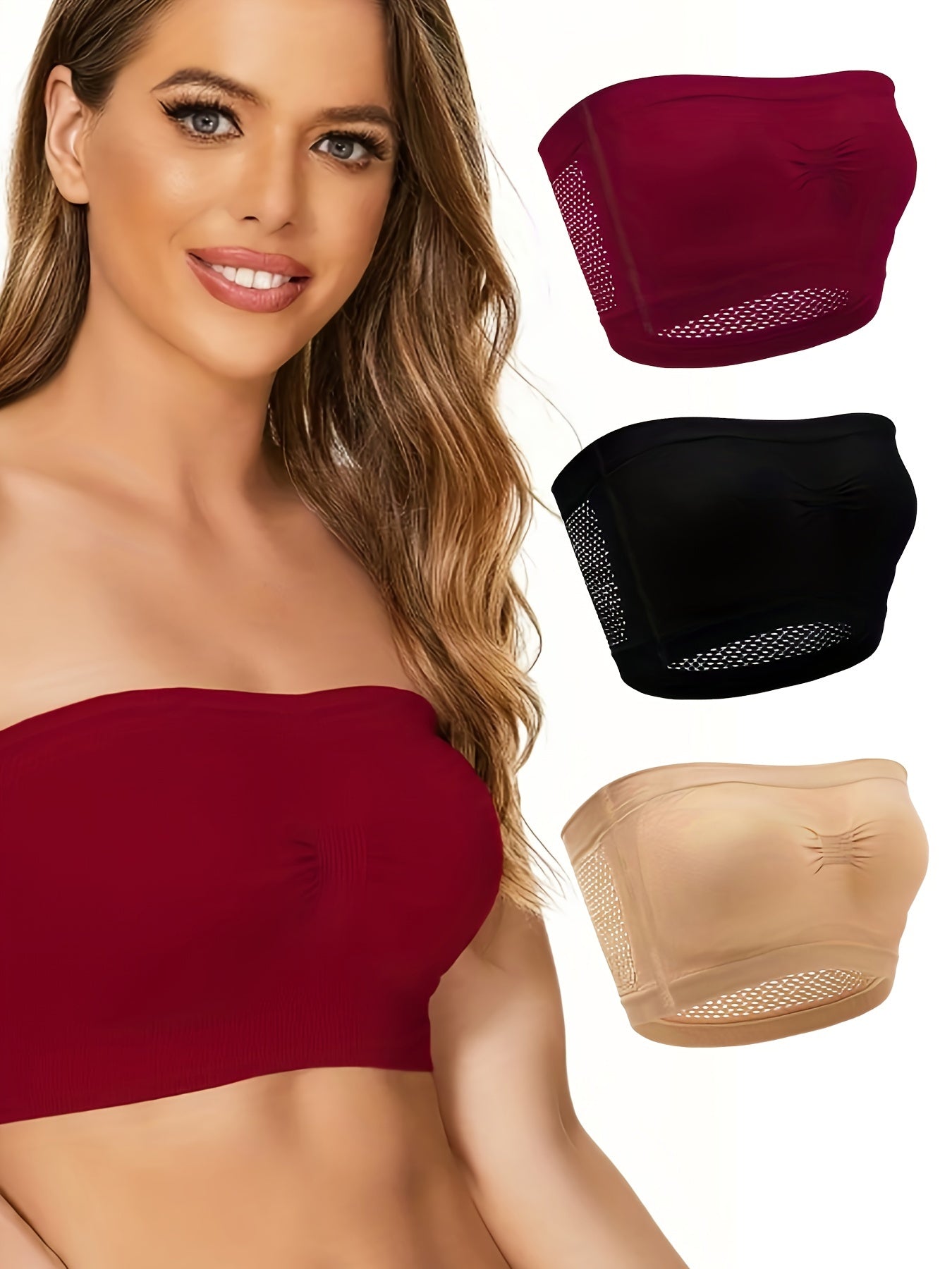 3pcs Strapless Bandeau Bras Hollow Out Breathable Stretch Everyday Bra