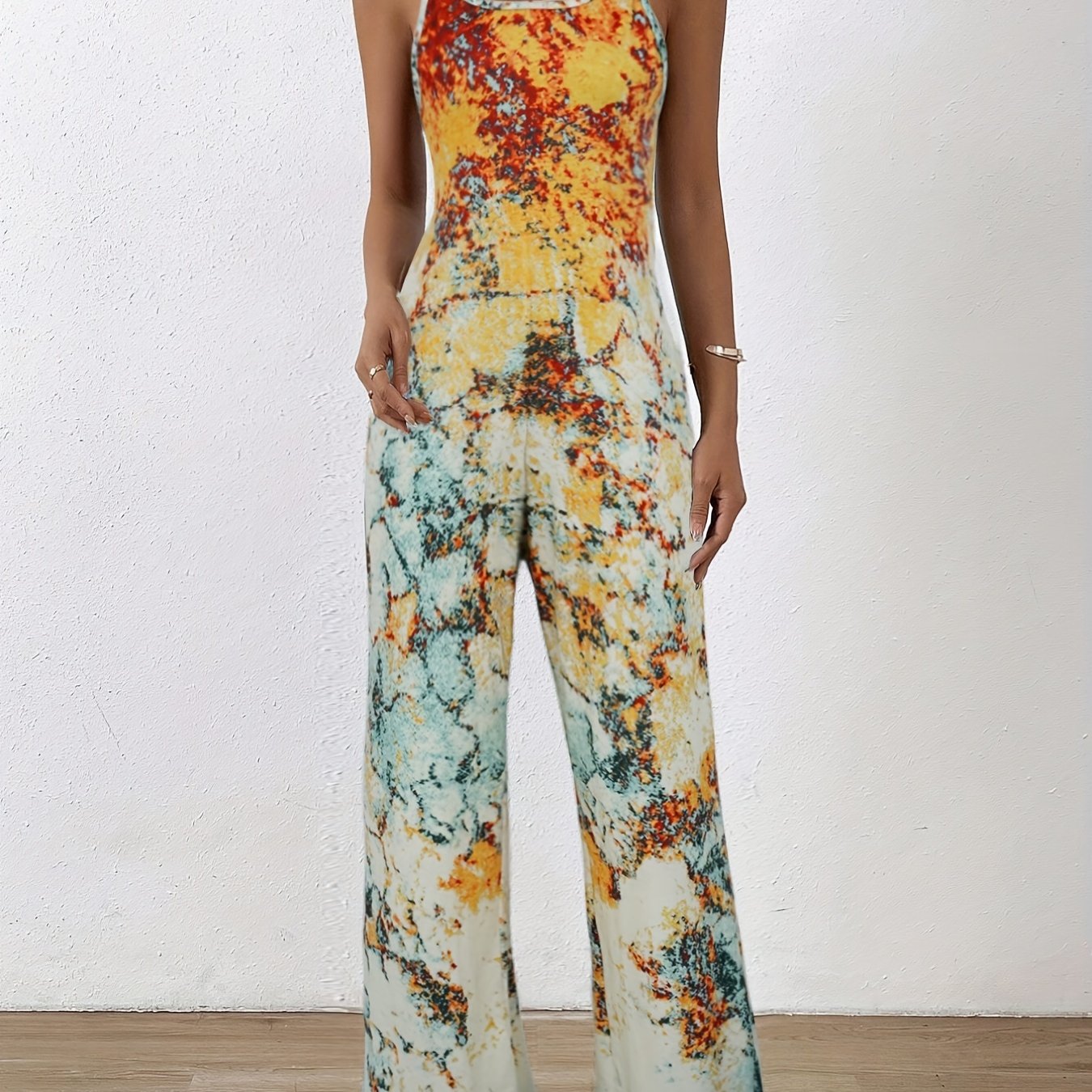 Summer Casual Wide Leg Jumpsuit All Over Print Spaghetti Strap