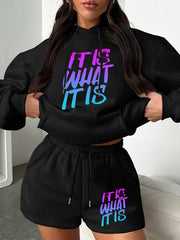 Women's Plus Slogan Print Hoodie & Shorts Set