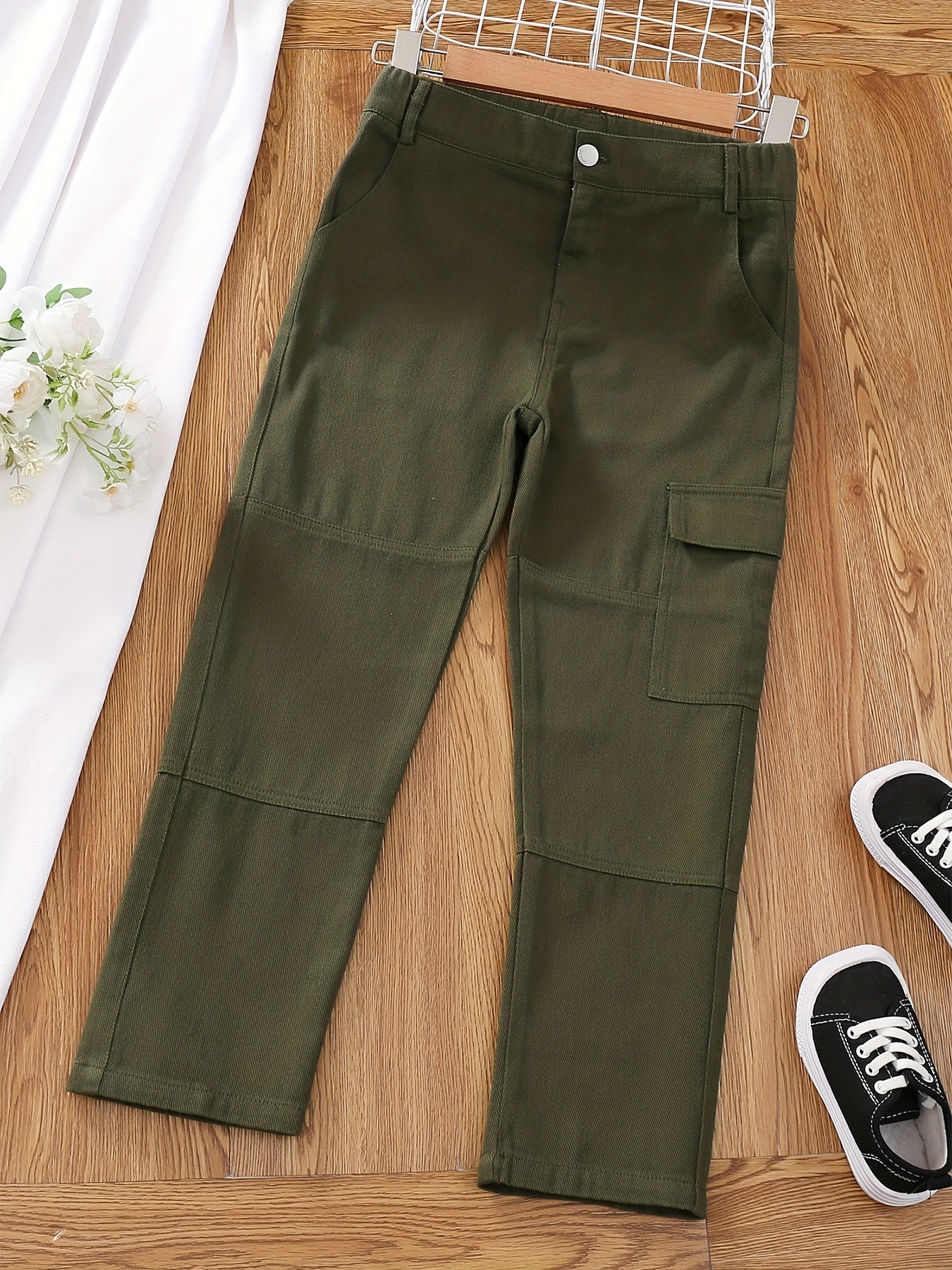 Girls Casual Cotton Cargo Pants Straight Wide Leg Jogger Pants